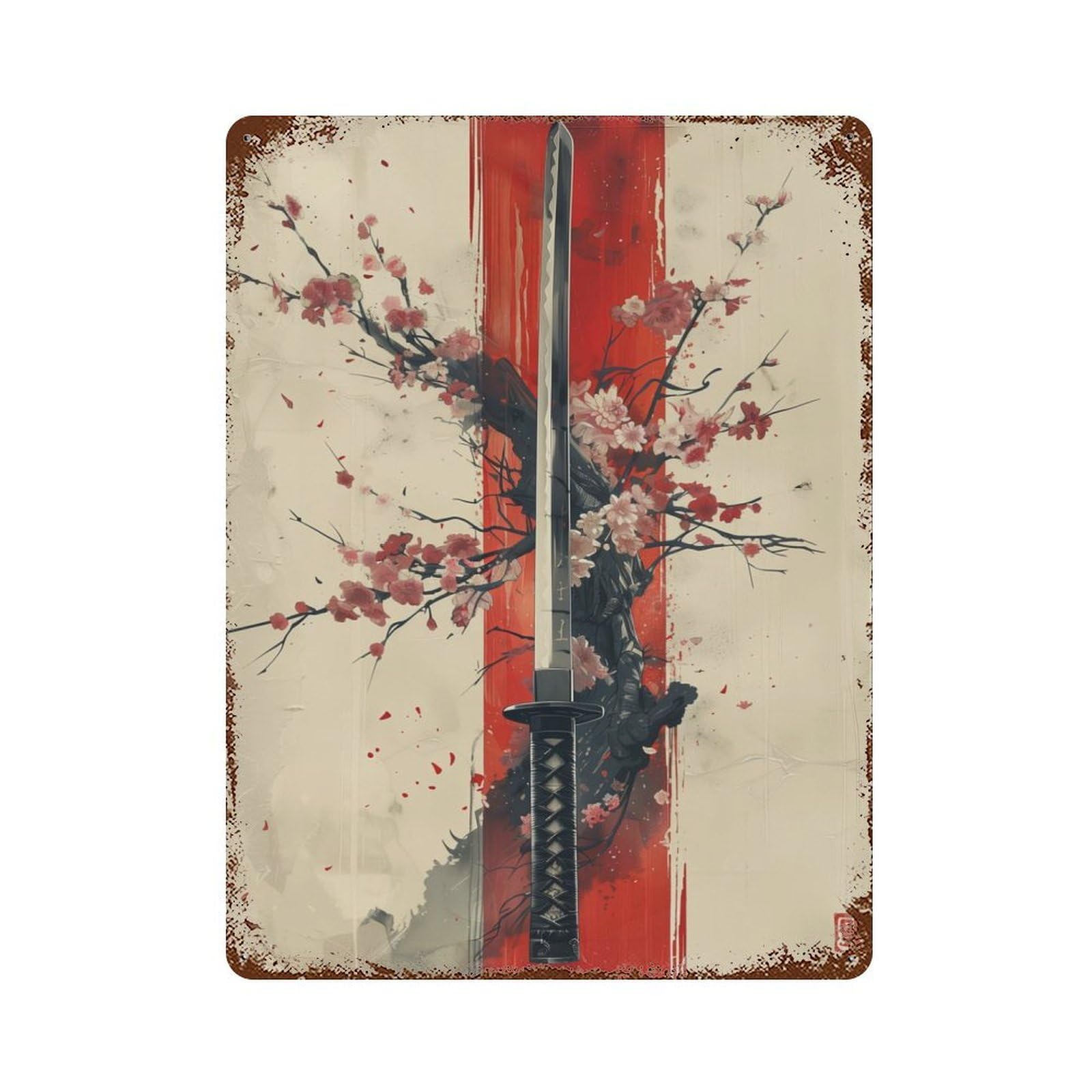 Weathered Tin Sign Japanese Sakura Katana 15.7"x11.8", Rustic Home Decor for Bistro, Counter And Cafe Decor