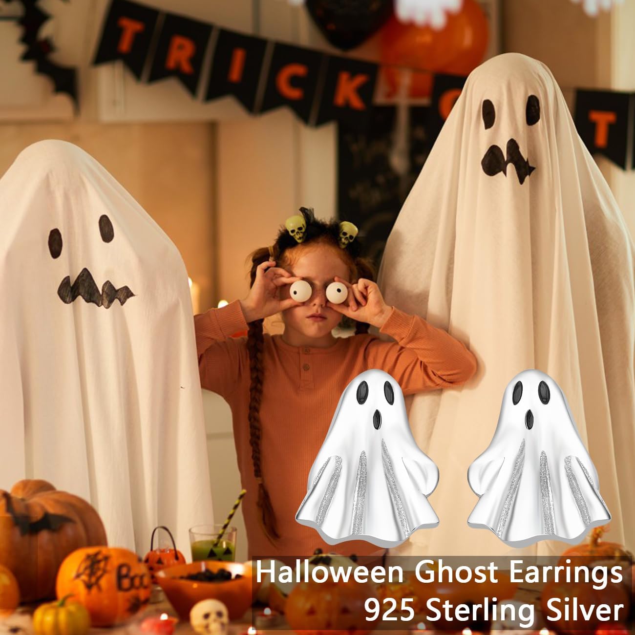 ORANGE FOREST Halloween Earrings 925 Sterling Silver Pumpkin Spider Ghost Stud Earrings Halloween Party Jewelry Smiling Face Pumpkin for Women