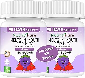 NutritiPure Kids Chewable Iron Supplement, Ferronyl® Carbonyl Iron 9 mg, Vitamin C 30 mg, Grape Flavor, 90 Tablets (2 Bottles)