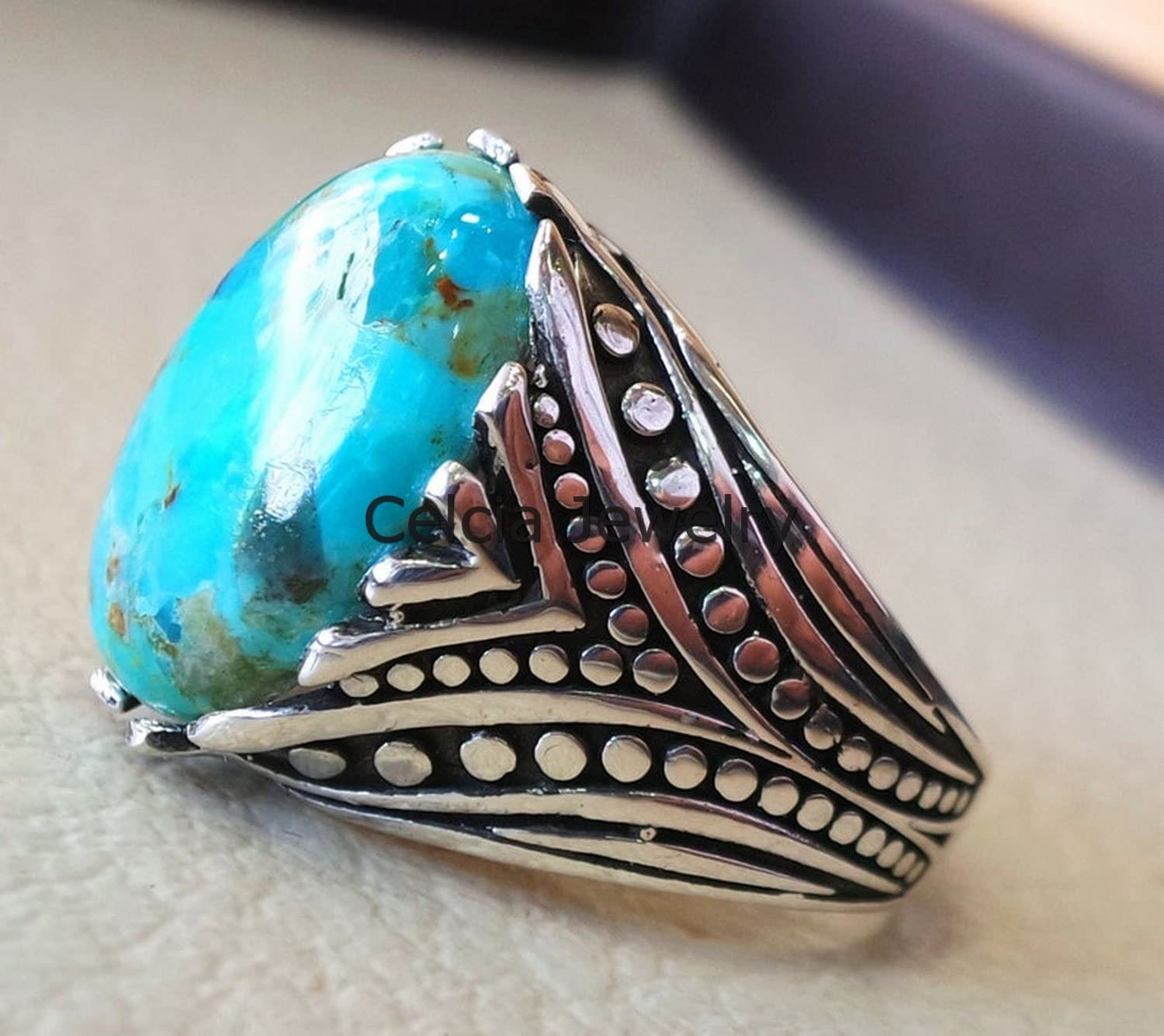 Anillo enorme de piedra preciosa azul turquesa natural de Arizona, joyería hecha a mano de plata de ley real para hombres, anillo pesado de piedra semipreciosa, anillo de promesa, anillo de moda