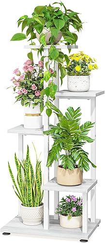 LASZOLA Soporte de madera blanca de 5 niveles para macetas grandes y resistentes, estante vertical de esquina de varios niveles para casa estrecha,