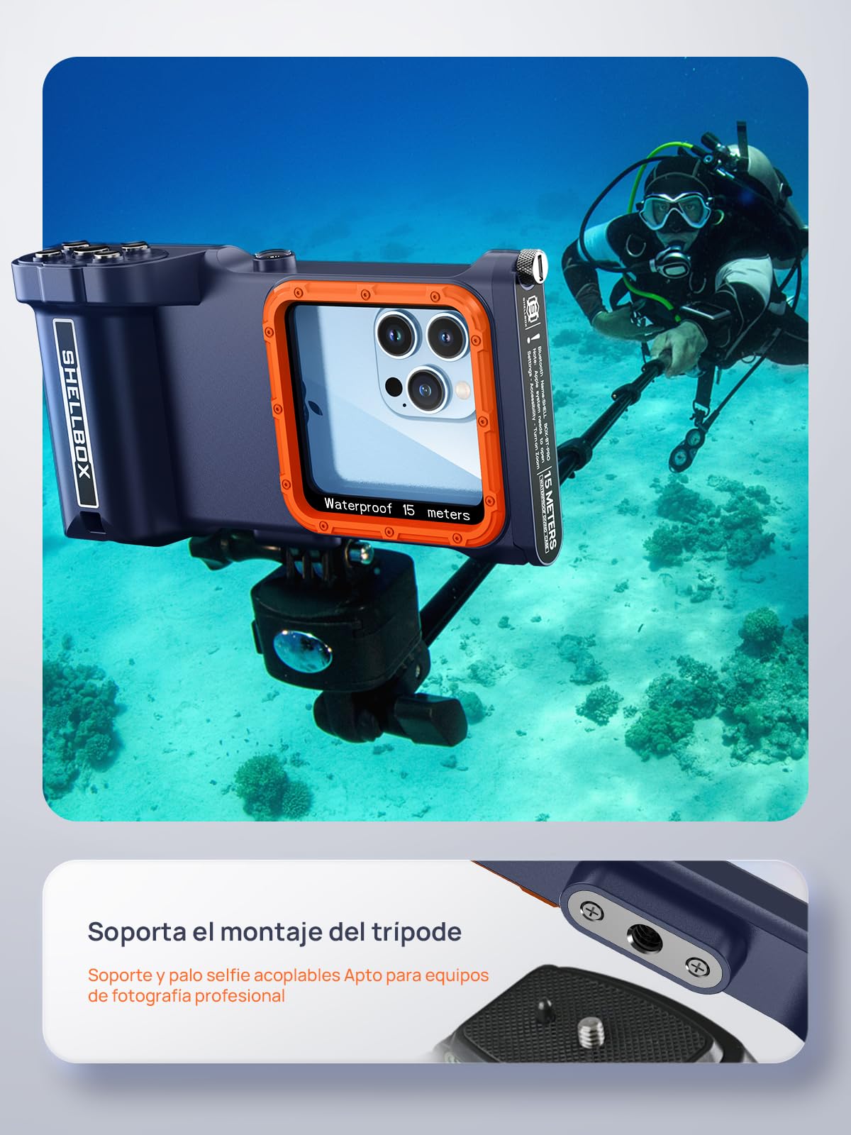 Funda IPX8 15M Impermeable [Universal] Subacuática Profesional 360 Grado Carcasa de Fotografía Buceo [Bluetooth Enfoque Ajustable] para iPhone Samsung Xiaomi 4,7-6,9'' Móvil, Azul