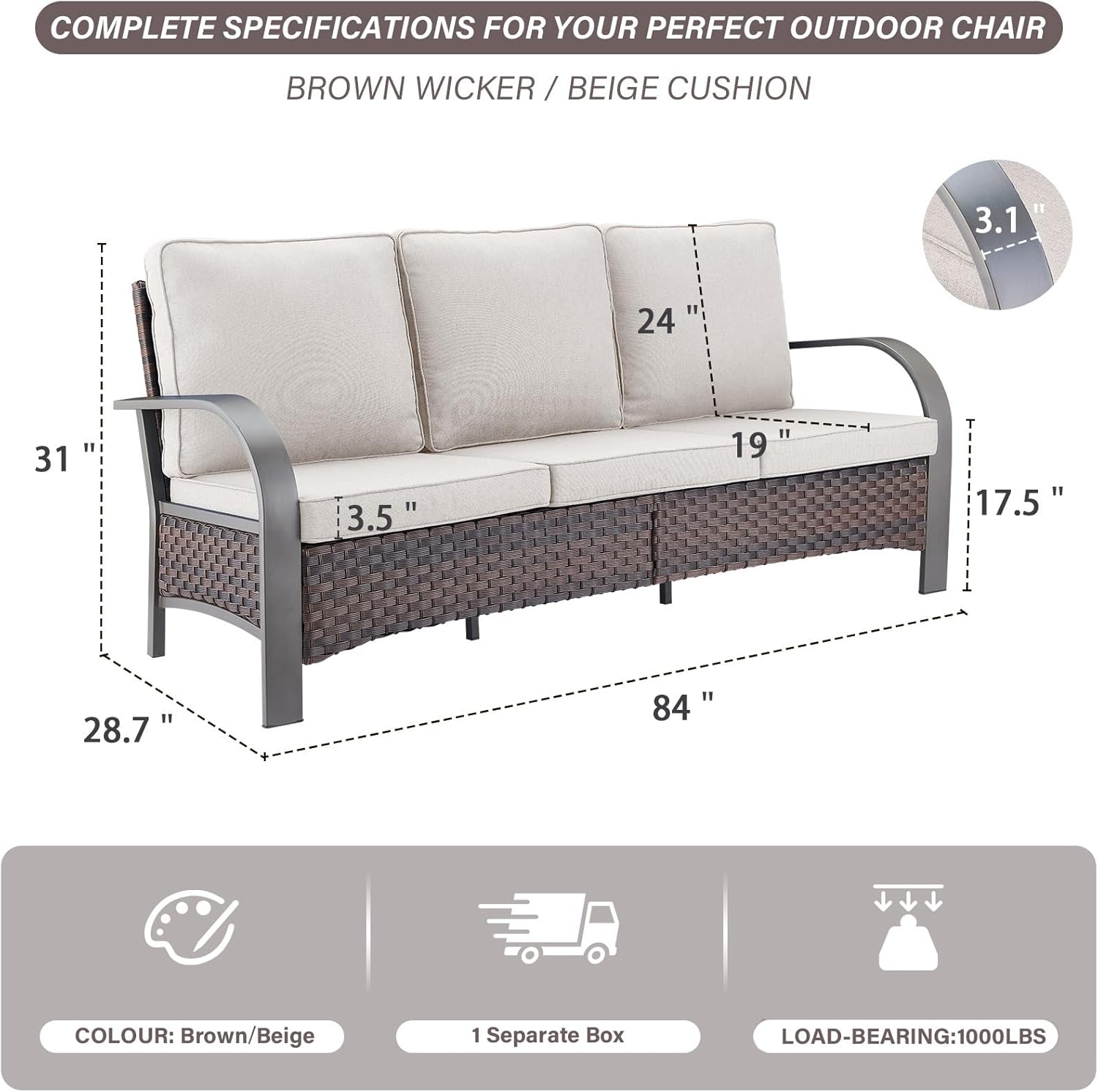Belord Outdoor Patio Couch - 1000 LBS Weight Capacity Wicker Couch Outdoor Furniture with Deep Seat Hight Backrest 3 Seater Wicker Sofa for Deck Proch Balcony Backyard