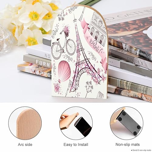 Miniatura 4 de Paquete de 2 sujetalibros de madera, torre Eiffel de París para bicicleta, con diseño de flores, antideslizantes, para libros, para libros, para