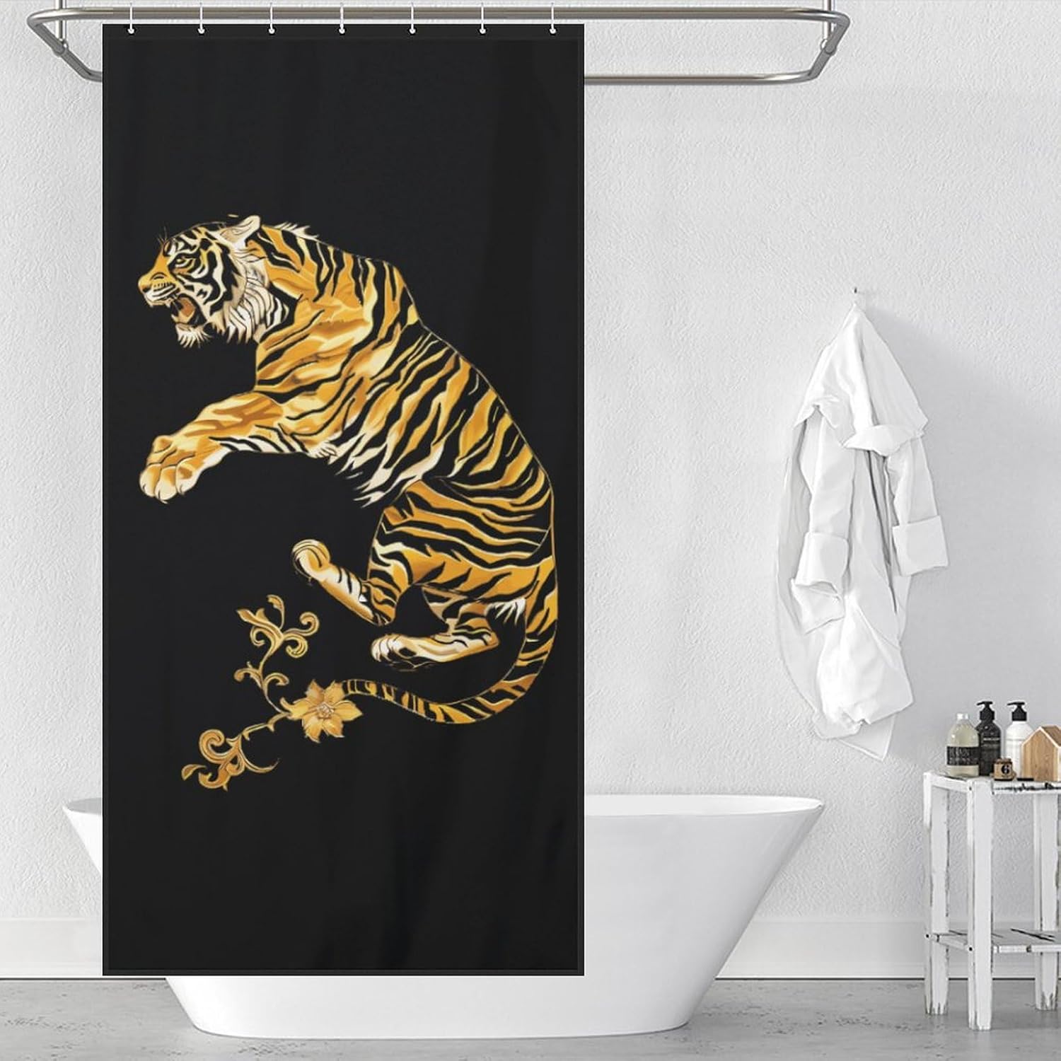 Gold Tiger with Floral Tail Funny Shower Curtains Washable Bath Curtain Liner with Hooks for Bathroom Bath Tubs 36x72Inch（92x183cm）
