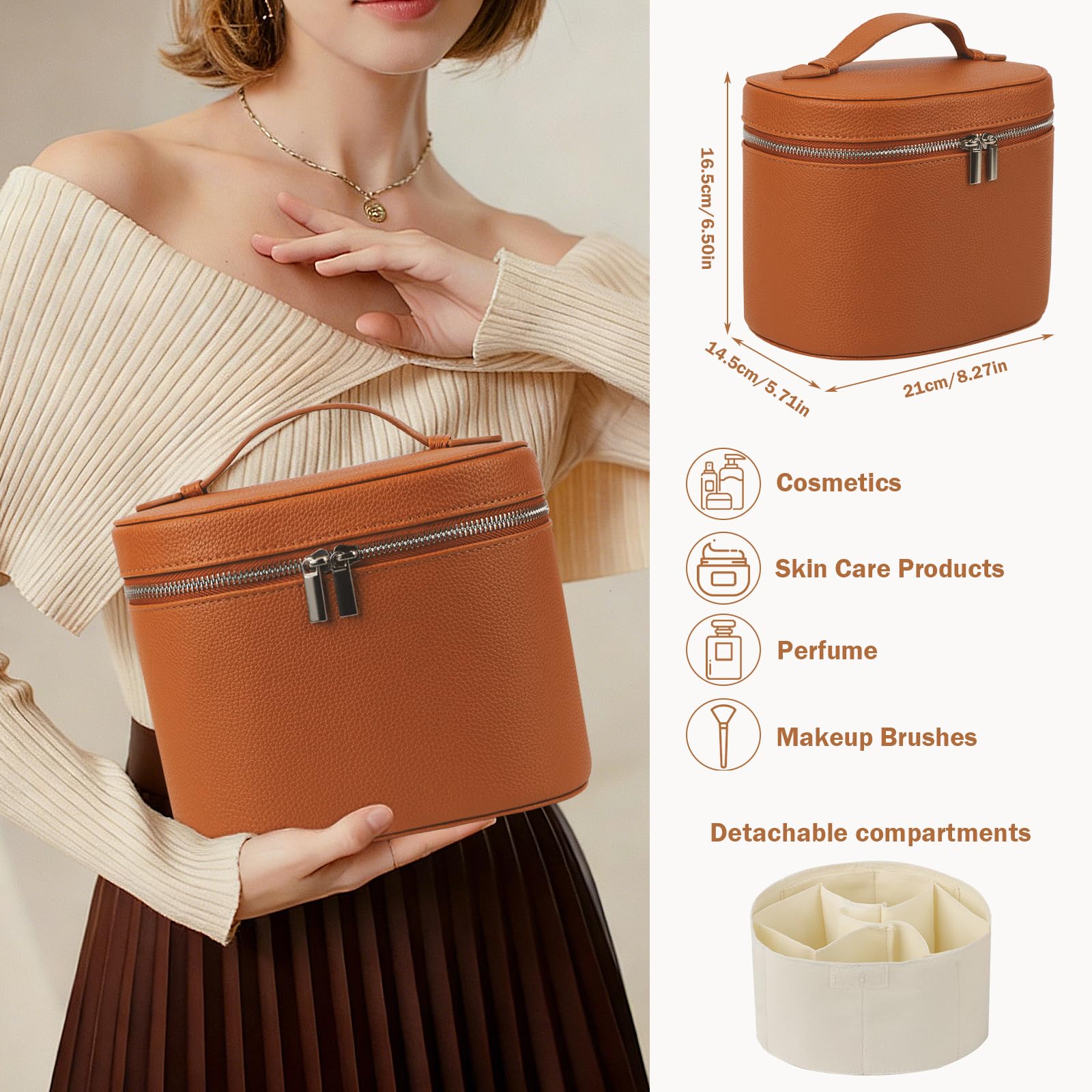Beauty Case da Donna, Borsa per Trucco per Donne, Organizer con Divisore Rimovibile, Beauty Case da Viaggio in pelle per Cosmetici con Guscio Rigido, Organizer per Trucchi, Regalo Donna(Marrone)