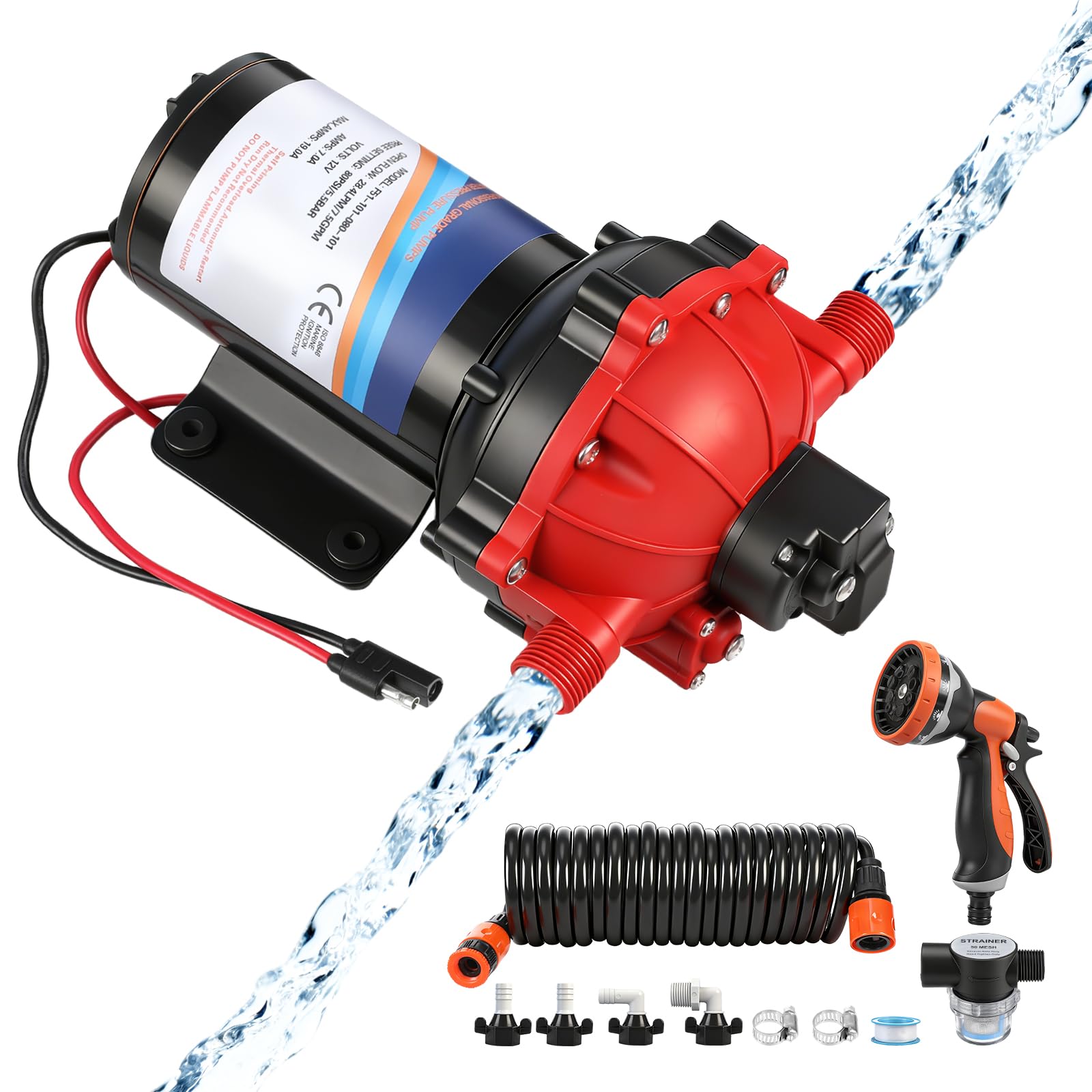 80 PSI 7.5 GPM Marine Washdown Pump Kit, 12V High-Performance Self-Priming Water Pumps with 10-Pattern Spray Nozzle, Heavy Duty Diaphragm Pump for Boat Decks, RVs, Trailers &amp; Yacht Cleaning