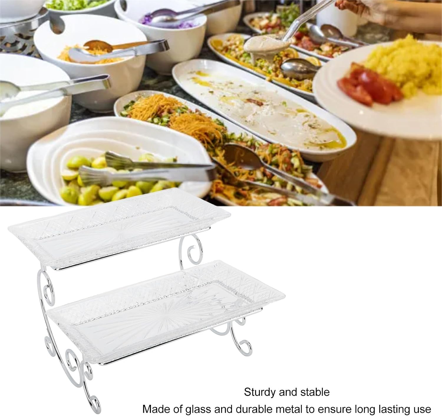 2 Tier Serving Tray, 2 Tiered Serving Stand Glass Platters and Trays with Stainless Steel Rack for Dessert Appetizer Fruit Cupcake Buffet Food Display, 11.8in