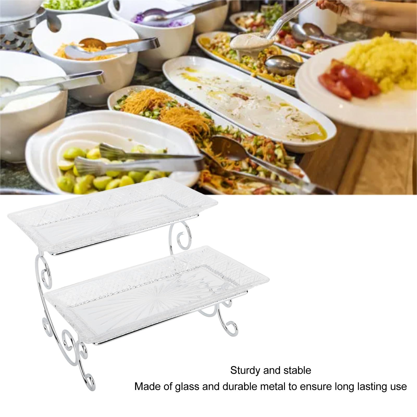 Naroote Bandeja de Servicio de Buffet de Vidrio de 2 Niveles, Estante de Exhibición Elegante para Fiestas, Bodas, 30 X 15,6 Cm