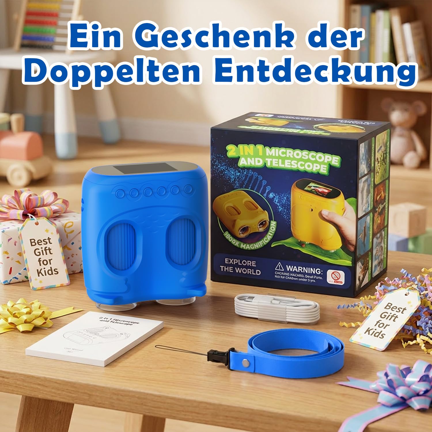 2 in 1 Mikroskop für Kinder und Fernglas Kinder, 2,0" IPS HD Mikroskop, 1000x Vergrößerung Teleskop mit 8 LEDs 1080P, Natur Outdoor Spielzeug für Mädchen Jungen ab 3 Jahre, Blau