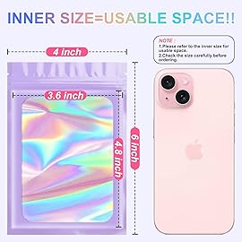 100 Pack Holographic Mylar Bags, Packaging Bags, Clear Window Resealable Odor Foil Pouch Bag for Food Storage and Lipgloss, Jewelry Lash (Purple, 4 x 6 Inch)