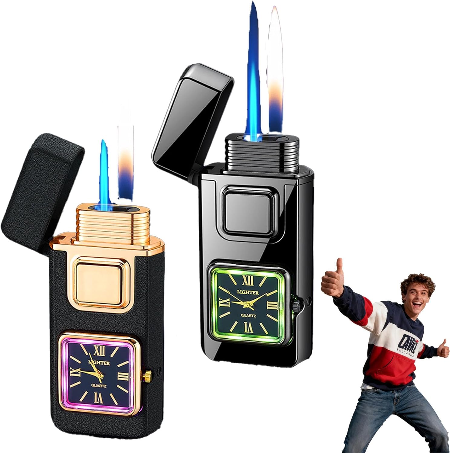 Multifunctional Creative Lighter with Integrated Watch, 2 in 1 Windproof Adjustable Refillable Jet Flame Lighters, Voice-Activated Dual-Fire Lighter, 5 Lgnition Modes for Men (2PCS-B)