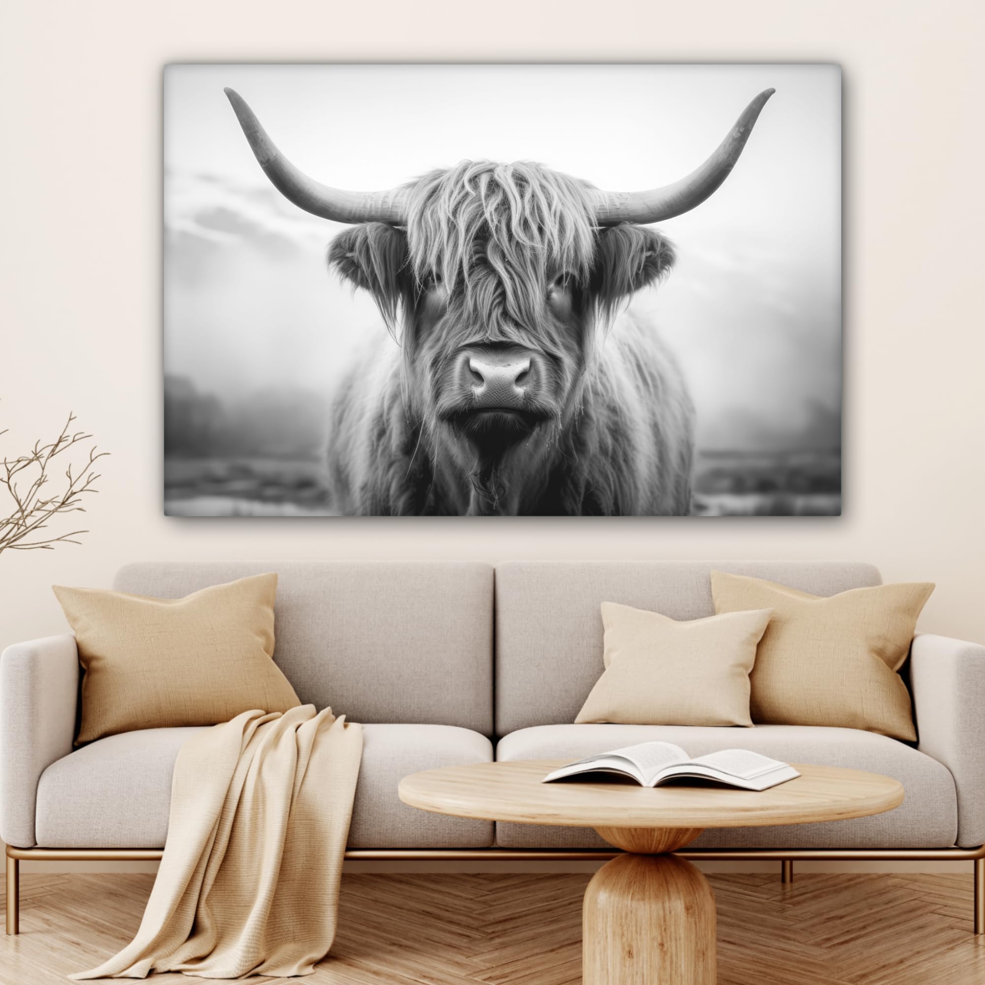 MuchoWow Bild auf Leinwand 120x80 cm XXL Wanddeko Highland Cow Schottisches Hochlandrind