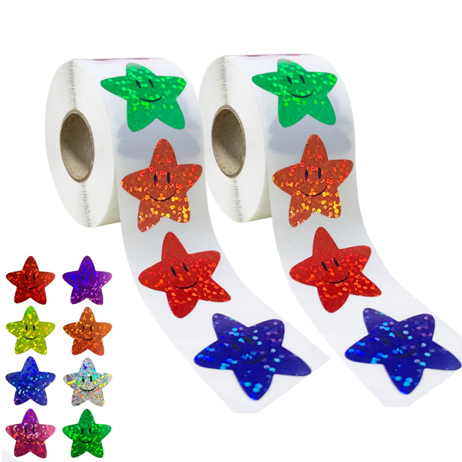 Fankayi 1000 Pcs Holographic Star Stickers Roll, Gold Star Reward Chart Stickers, Large & Small Sparkly Glitter Stars, Shiny Rainbow Stickers