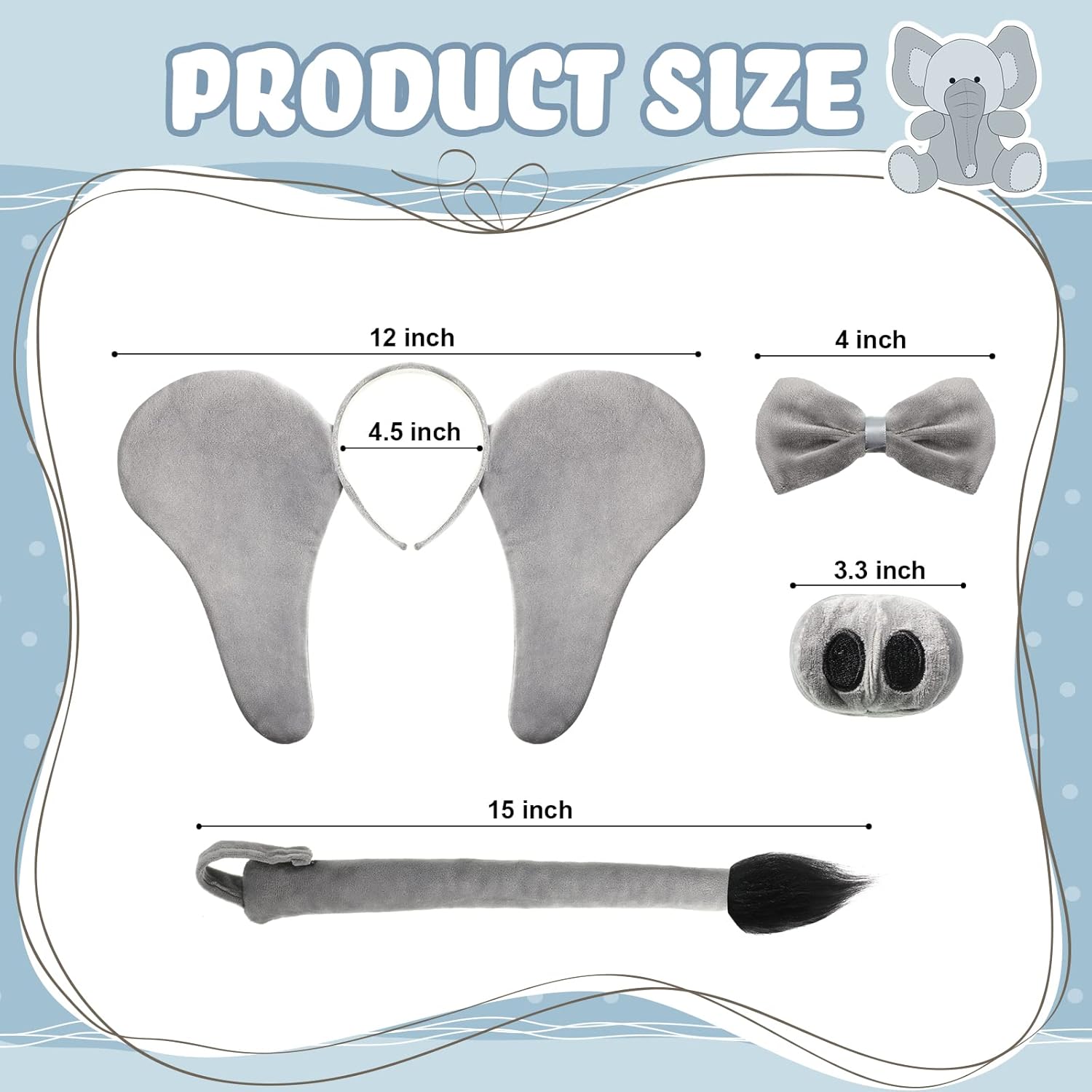 Lewtemi 4 Pcs Elephant Costume Set Kids Ears Headband Nose Tail Bowtie for Children Carnival Cosplay World Book Day(Gray,Style 1) - Image 2