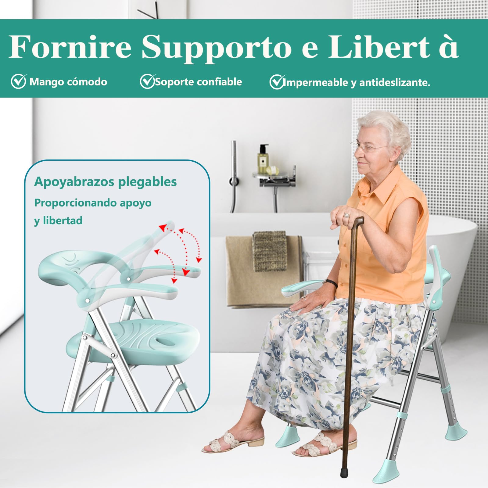 Doblar Silla para Ducha,Silla Ducha Personas Mayores,Capacidad MáXima de Carga 150 Kg,Apoyabrazos Plegables,Taburete BañO Ajustable en Altura de 5 Niveles (Verde, Asientos Planos)