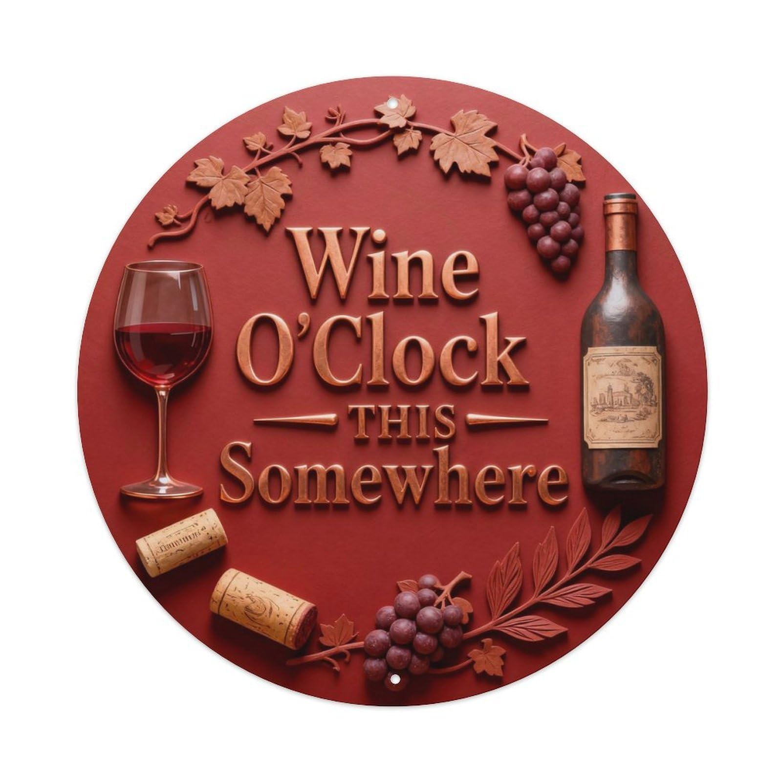 Wine O'Clock Round Wall Plaque Metal Tin Sign Plaque