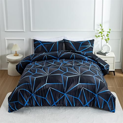 Miniatura 2 de NTBED Juego de edredón geométrico 3D, juego de ropa de cama de microfibra ligera con patrón de diamante irregular para todas las estaciones (azul