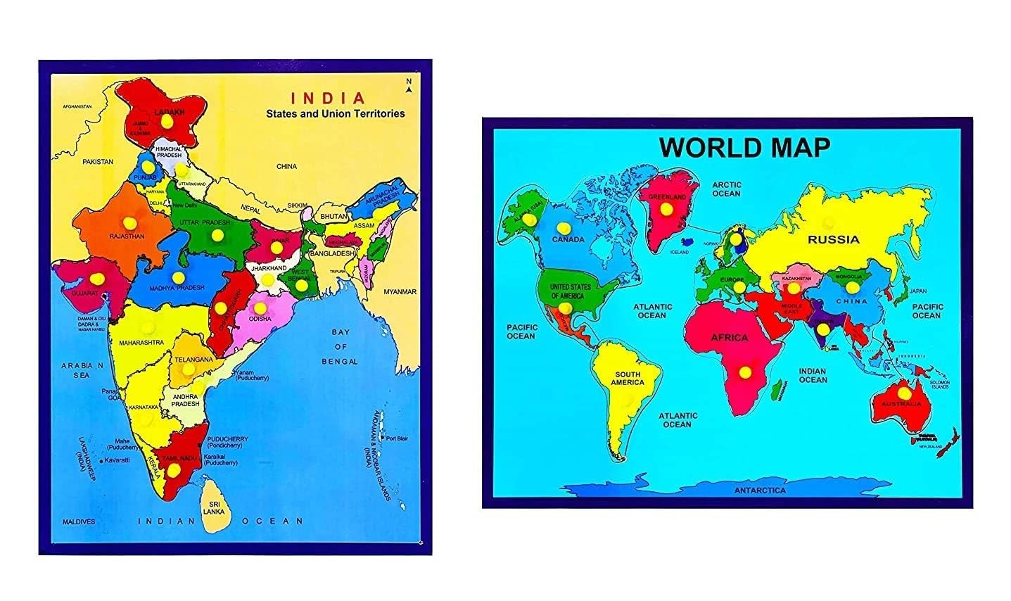 Wooden World Map & India Map Puzzles Set with Knobs | Educational Learning Toys for Boys and Girls | Educational Toy with Plastic KnobsPack of 2 (India Map + World Map) (B0CR3S8CRH) Amazon Price History, Amazon Price Tracker