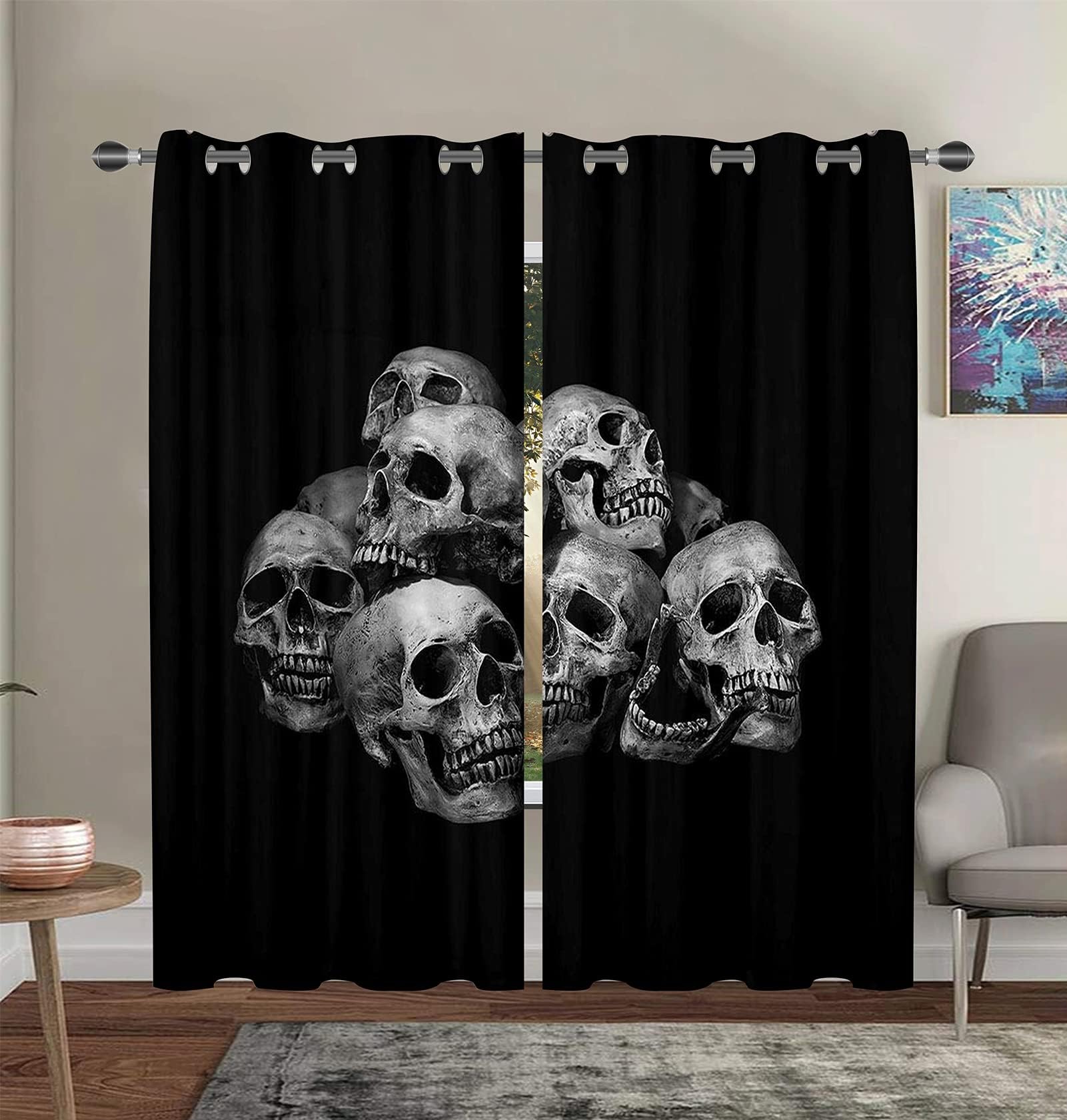 Nextchange Skull Curtains Skeleton Design Window Treatments Bones Style Window Drapes Scary 3D Sugar Skull Window Curtain - Thermal Insulated Room Curtains for Living Room, 2 Window Curtain Panels