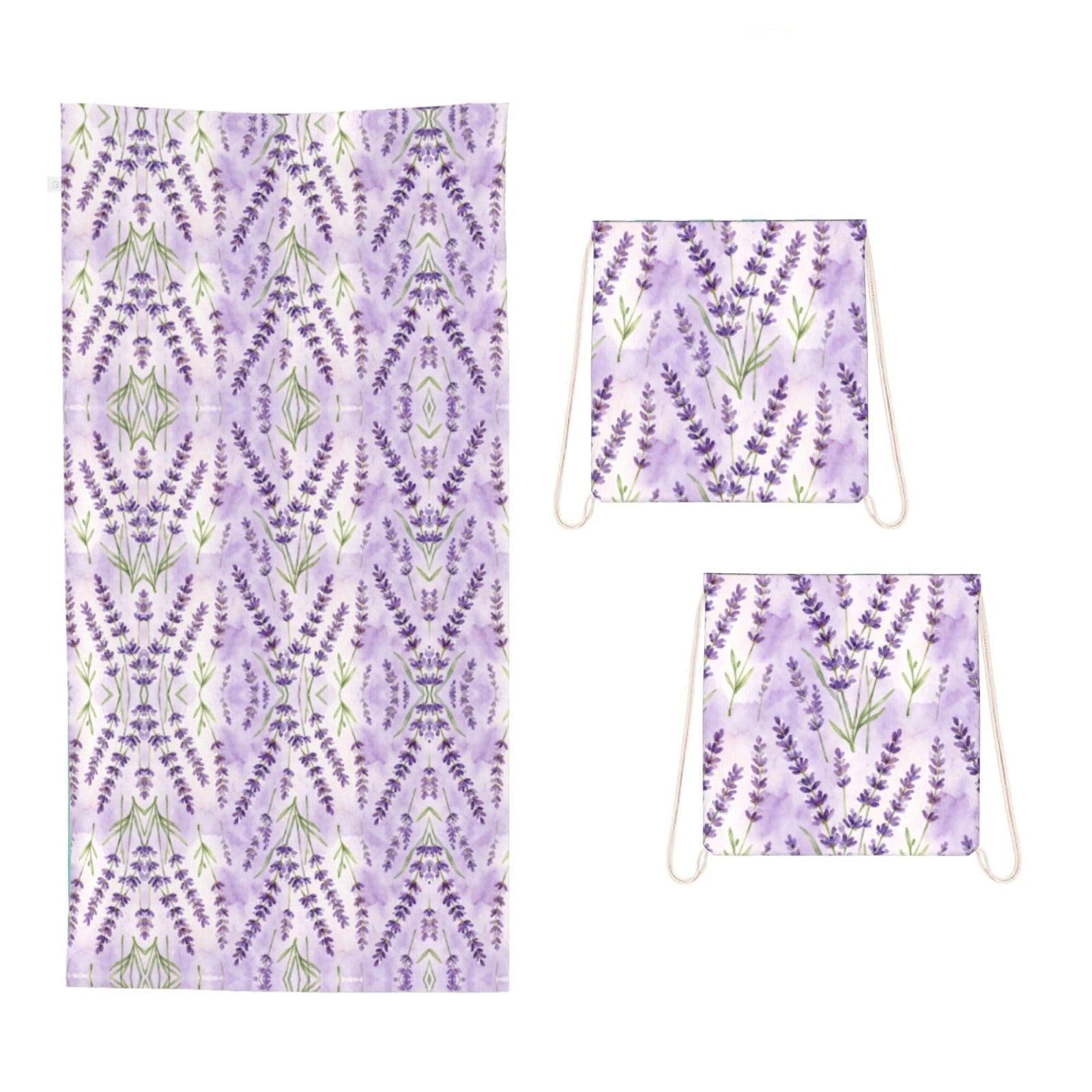 CNTDBU Lavender Floral Pattern 2 in 1 Packable Towel Bag-Large Beach Towel with Stuff Sack, Super Absorbent Microfiber Travel Towel for Pool