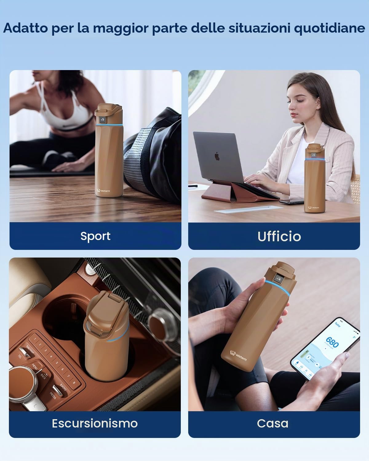 WATERH BOOST - Borraccia intelligente con promemoria idratazione e tracker, borraccia termica sottovuoto in acciaio inox, senza BPA, apertura larga, ideale per palestra, scuola, ufficio, 710 ml