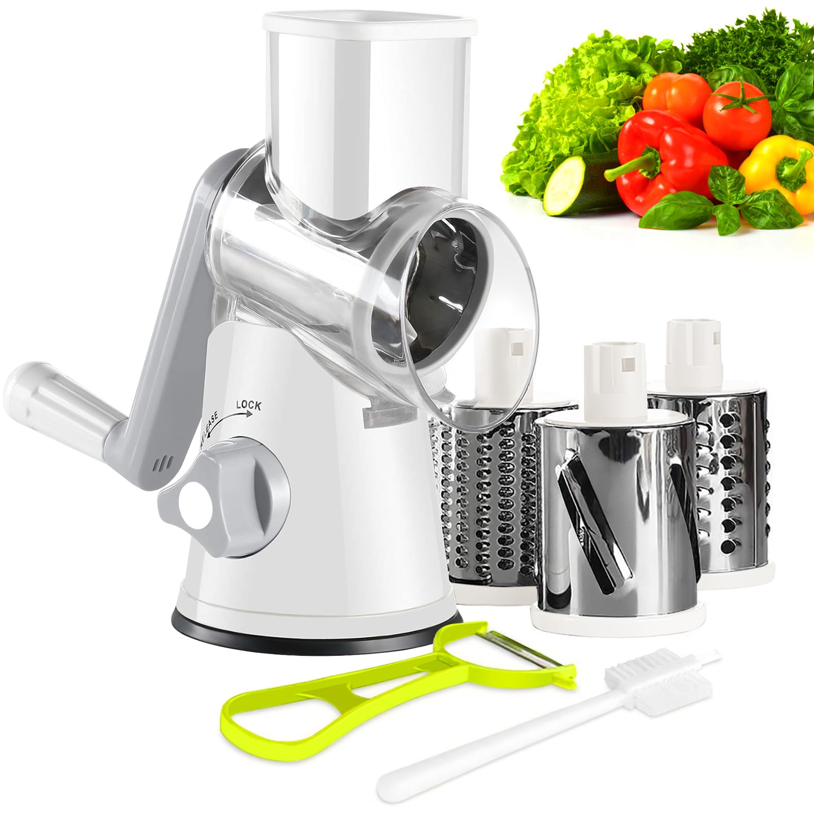 Gemüseschneider Gemüsehobel Trommelreibe mit Kurbel 3 Trommelblättern Reibe für Gemüse Käse Ice Gurken Karotten Nüsse usw Gemüsereibe Vegetable Chopper Mandoline Turbo Cut Käsereibe (Weiß)