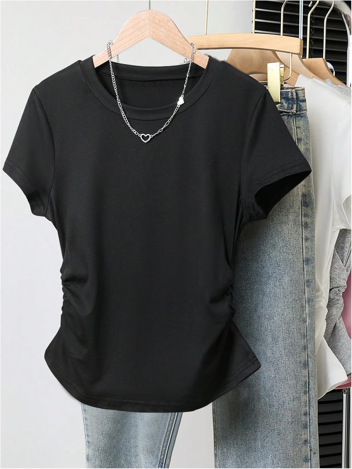 Women's 5 Packs T Shirt Short Sleeve Ruched Basic Tops Crewneck Summer Tee Top - Image 5