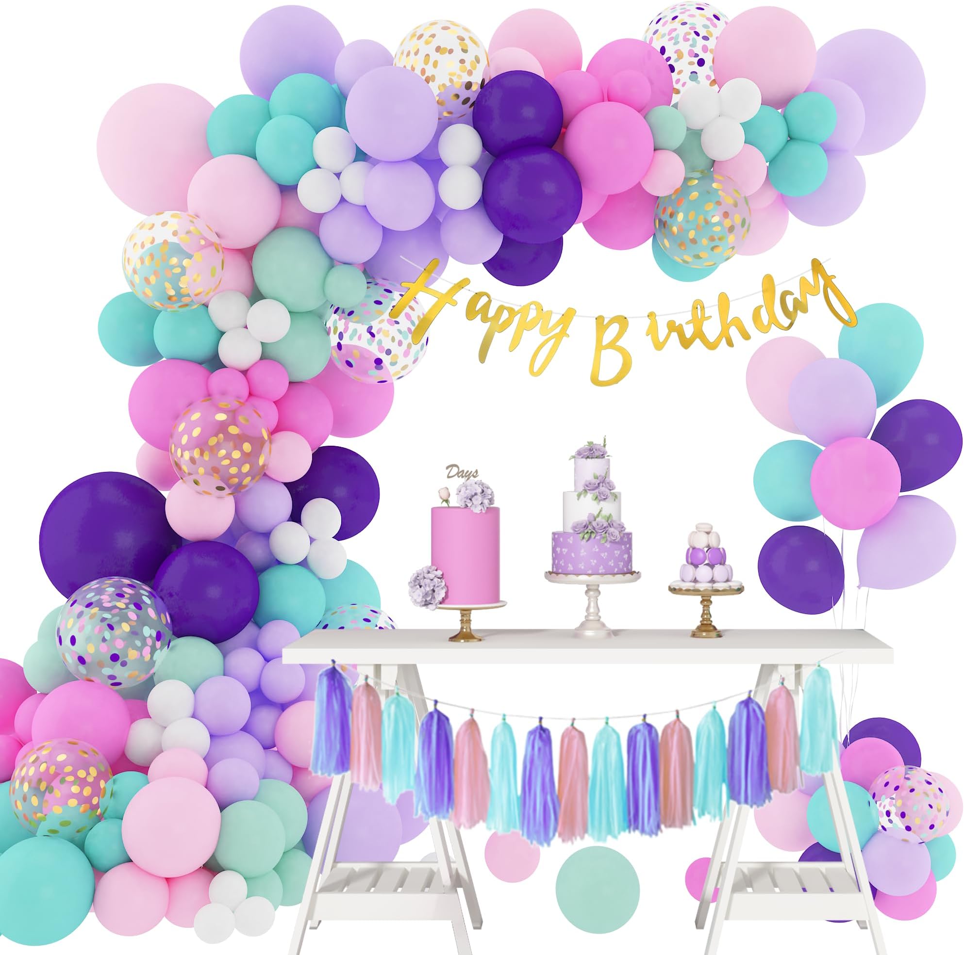Amandir 140Pcs Unicorn Birthday Balloons Arch Garland Kit, Confetti Latex Foil Purple Pink Balloons Happy Birthday Banner Tassels for Unicorn Birthday Decorations for Girls Party Supplies