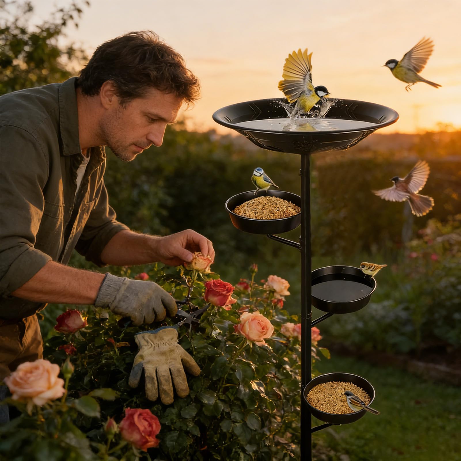 Pila o Baño para Pájaros de Metal con Estacas, Múltiples Niveles, Elegante | y Bebedero para Aves Silvestres de Exterior para Jardín, Patio, Terraza y