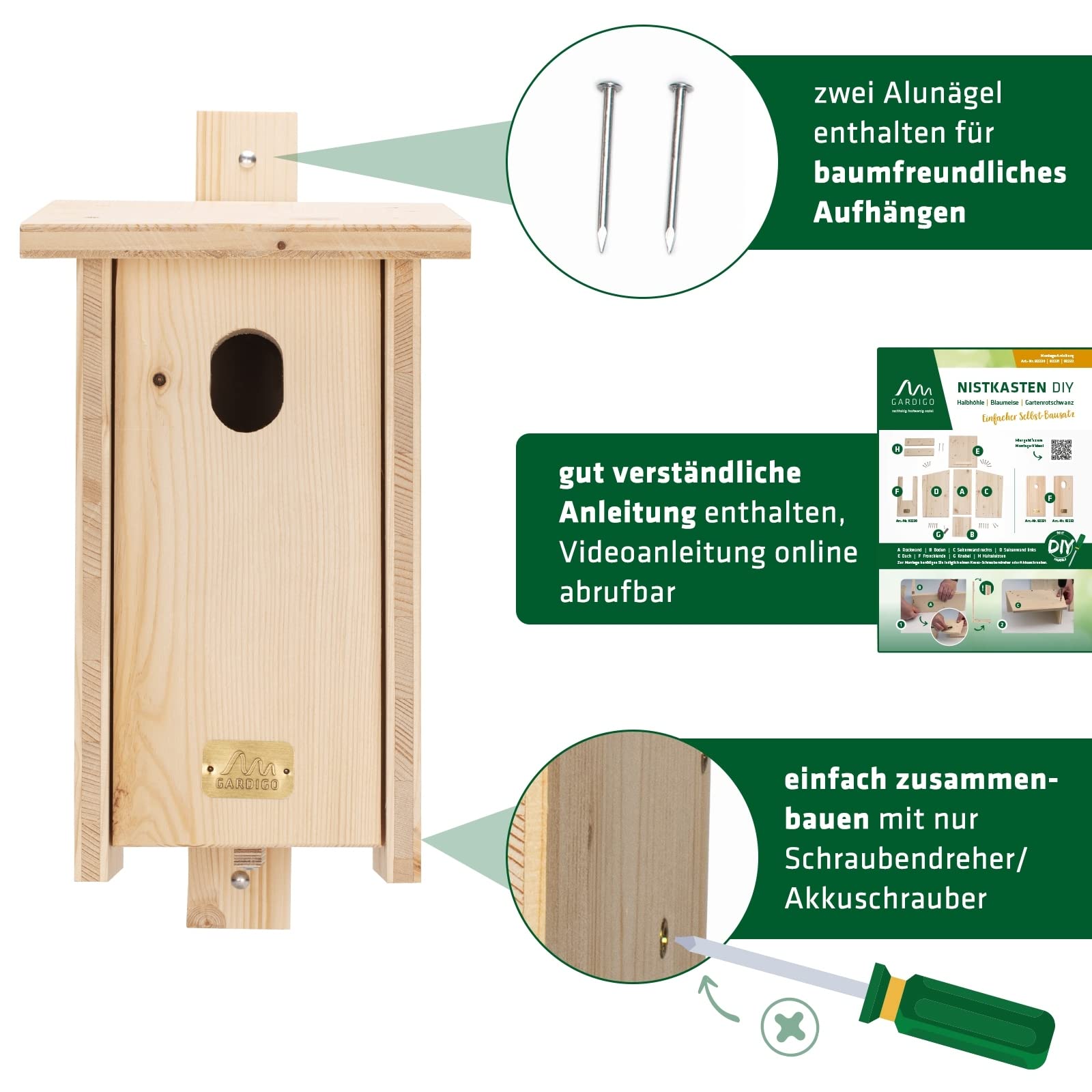 Gardigo Nichoir DIY pour Queue Rouge de Jardin I Kit de Bricolage en Bois d'Épicéa Non Traité et Résistant aux Intempéries I Fabriqué en Allemagne