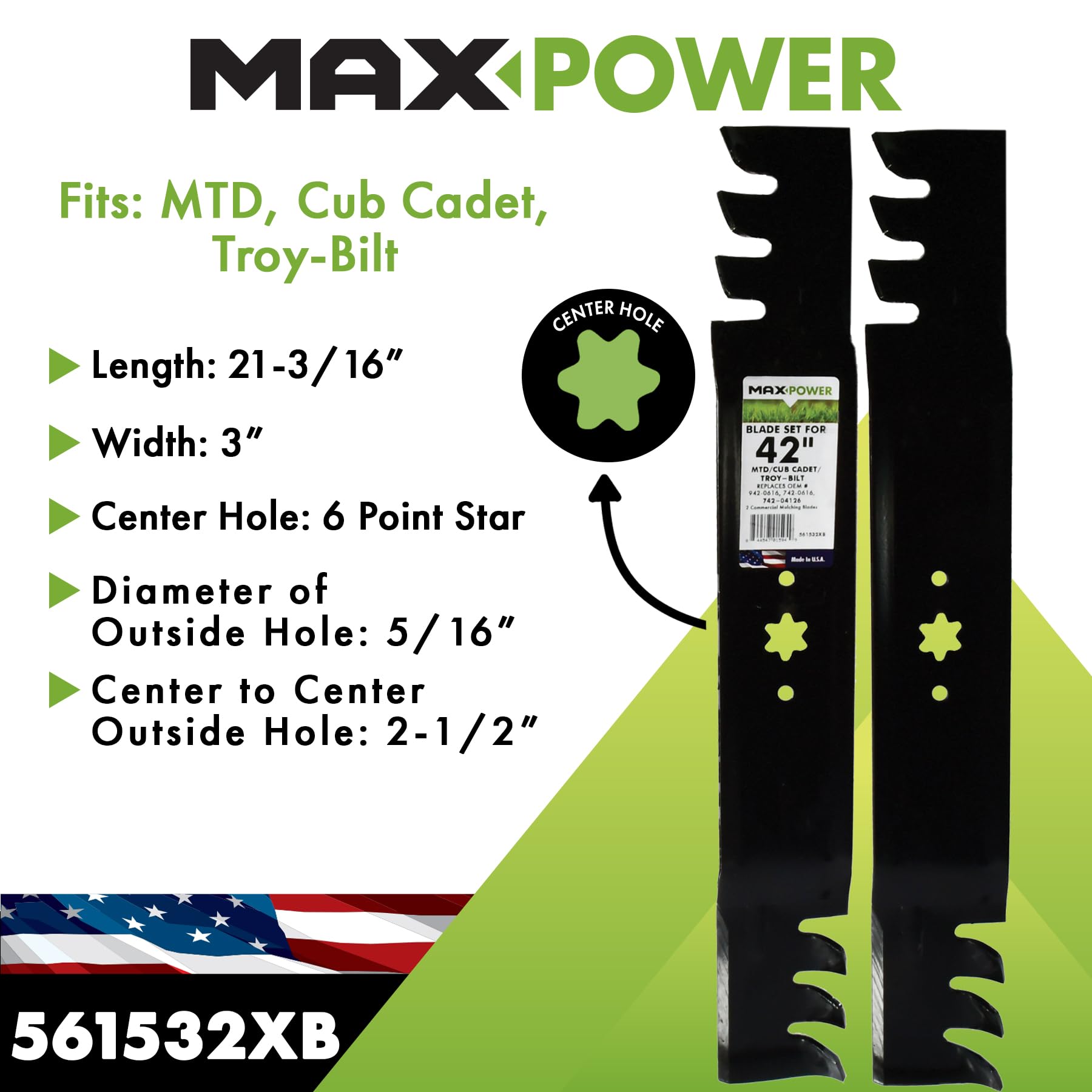 Maxpower 561532XB - Set di pacciamatura Commerciale a 2 Lame per Tosaerba MTD da 42", Cub Cadet, Troy-Bilt, sostituisce OEM n. 942-0616, 742-0616, 942-04126