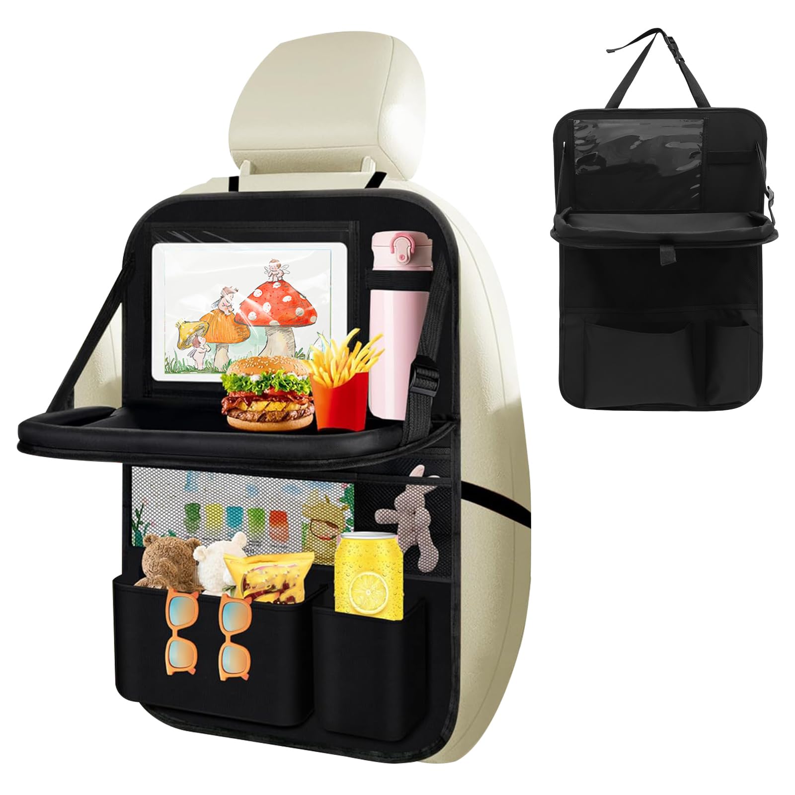 Guijzsltrg 2Pcs Car Seat Organiser For Kids Multifunctional Waterproof Car Seat Back Protectors Kick Mats With Foldable Tray And Many Pockets 61X42cm Large Storage Bag Travel Accessories For Books, Toys, Snacks