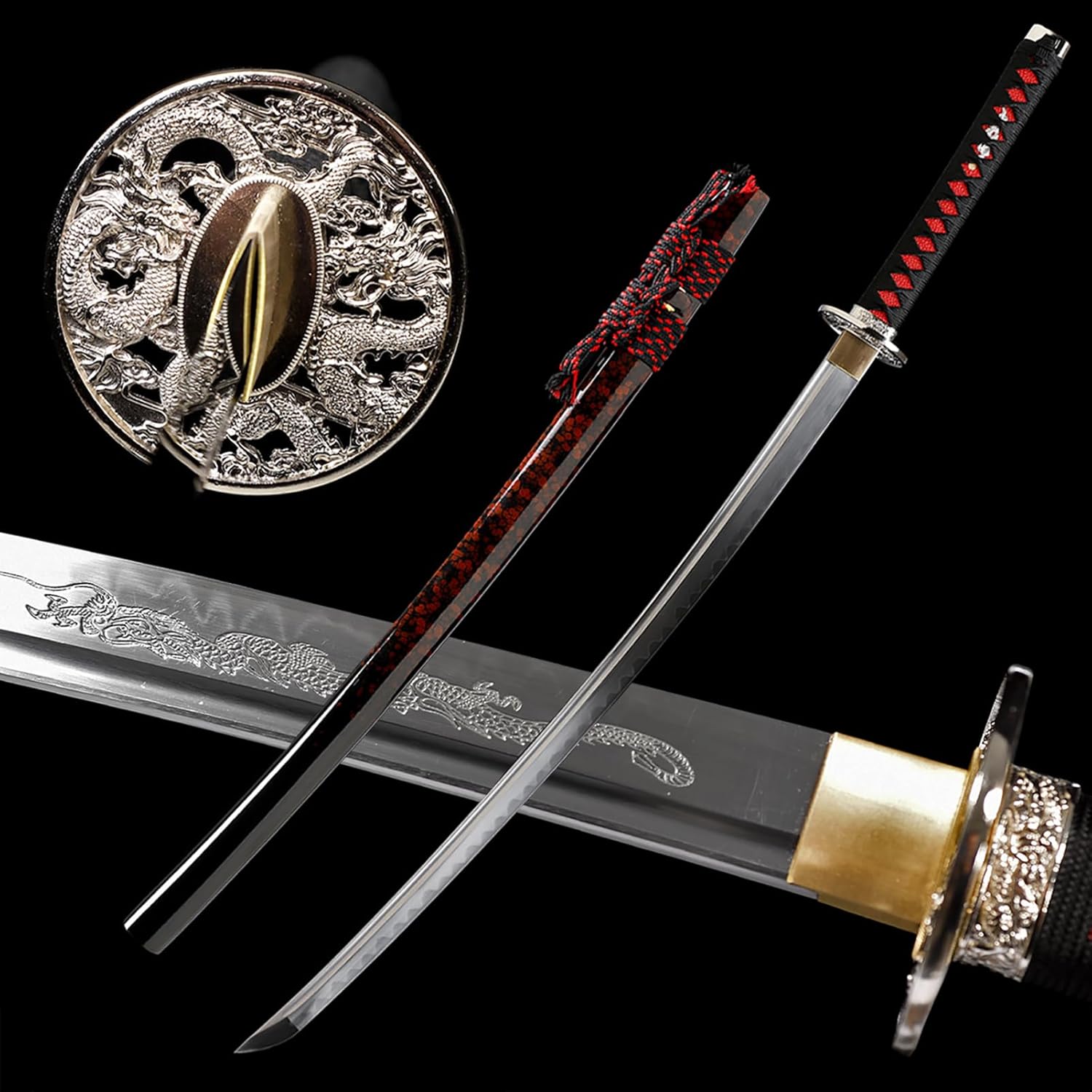 Handmade Japanese Samurai Katana Sword 1095 Carbon Steel Clay Tempering Full Tang Dragon Katana for Man Gift Cosplay Decoration Self Defense 41 inch