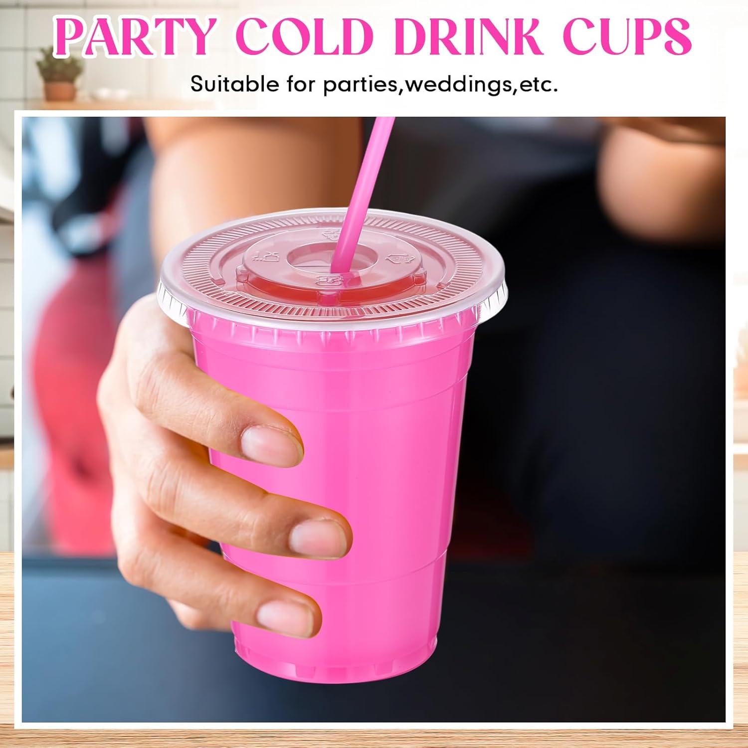 LemonRoad 50 Set 16 oz Pink Party Cups with Lids and Straws, Disposable Pink Plastic Heavy Duty Drinking Cups for Valentines Day Party Picnics Barbecues Wedding Birthday - Image 5