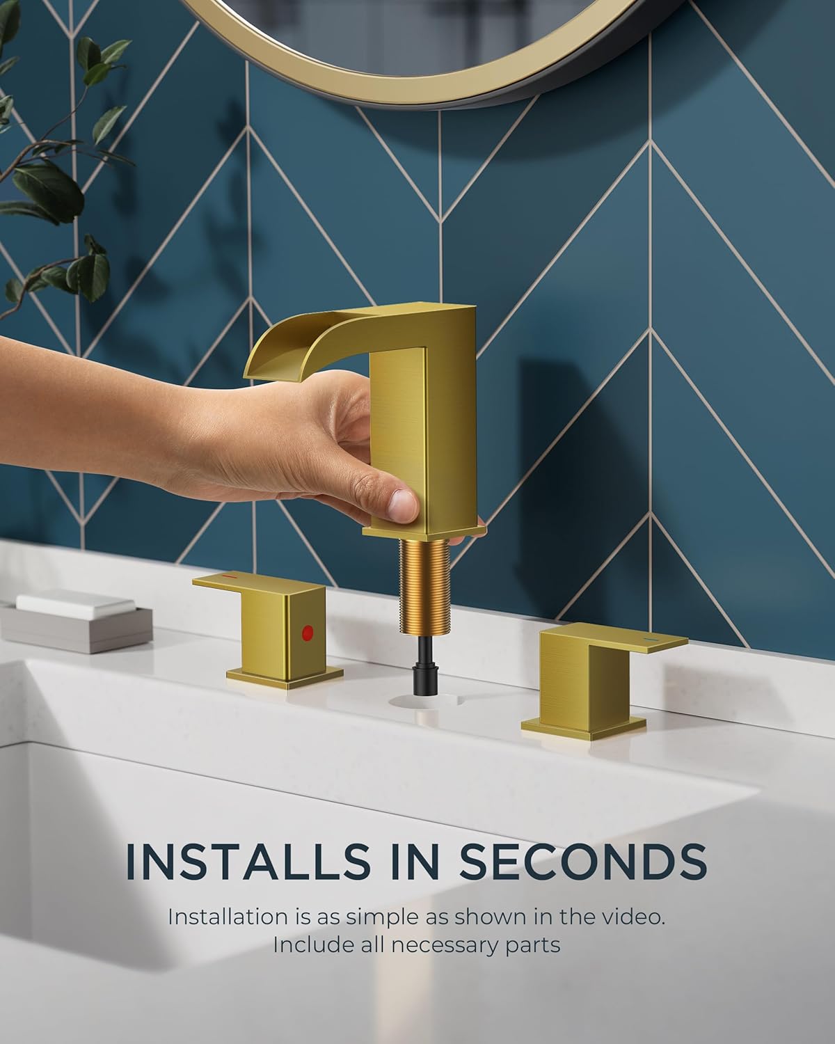 FORIOUS Square Brushed Gold Bathroom Faucets 3 Hole, Waterfall 8 Inch Widespread Bathroom Sink Faucet with Metal Pop-up Drain and Supply Lines, Two Handles for Vanity, Lavatory, Restroom - Image 7