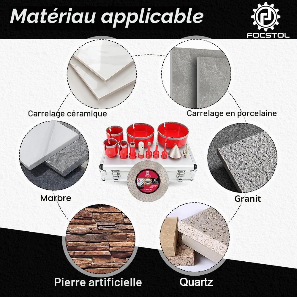 FOCSTOL Foret Diamant Carrelage Kit - Scie Cloche Carrelage pour Porcelaine Marbre Granit 13 pièces (6/8/10/20/35/50/68/110/125mm+20mm Fraise+50mm Mèches Chanfrein Biseautée+Adaptateur+125mm Disque)
