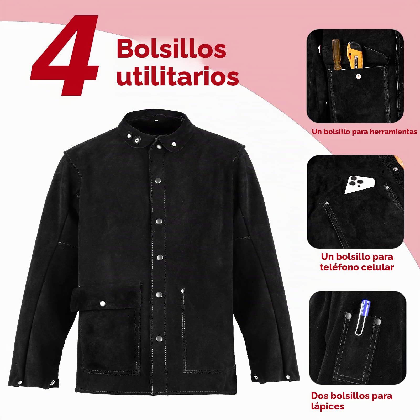 QeeLink Chaqueta de Soldadura de Cuero Hombre Resistente al Calor Heavy Duty Seguridad Soldador Ropa Trabajo Negro