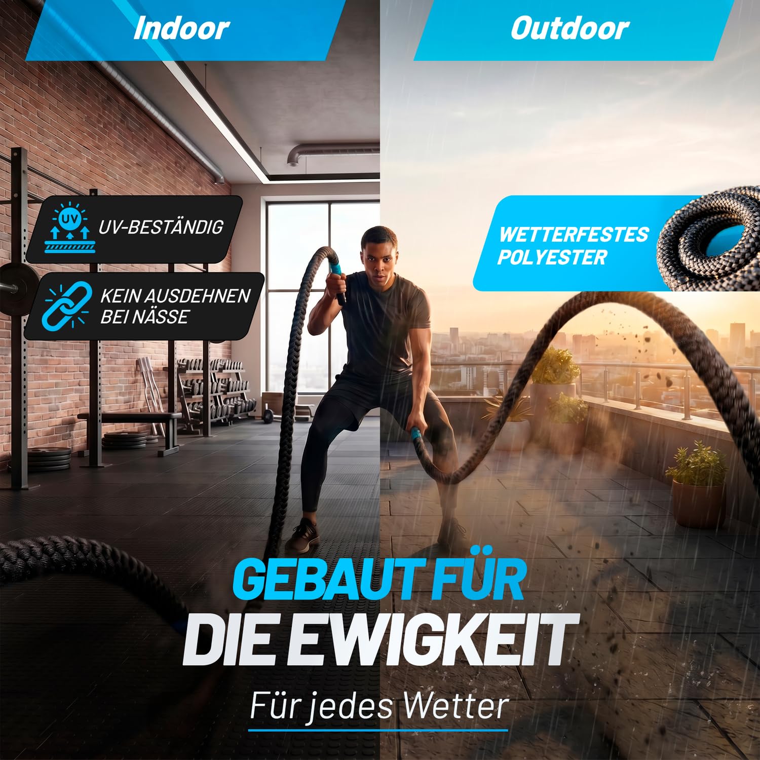 aerobis® Battle Ropes 30-40mm Durchmesser und 10-15m Länge inkl. Wandanker | Wetterfestes Trainingsseil | Videoanleitung & Trainingsplan