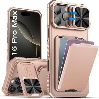 SSLOTSCASE for iPhone 16 Pro Max Case with Wallet & Sliding Lens Cover & Kickstand & Credit Card Holder, Military-Grade Protection Rugged Phone Case Cover for iPhone 16 Pro Max 6.9 2024, Rose Gold