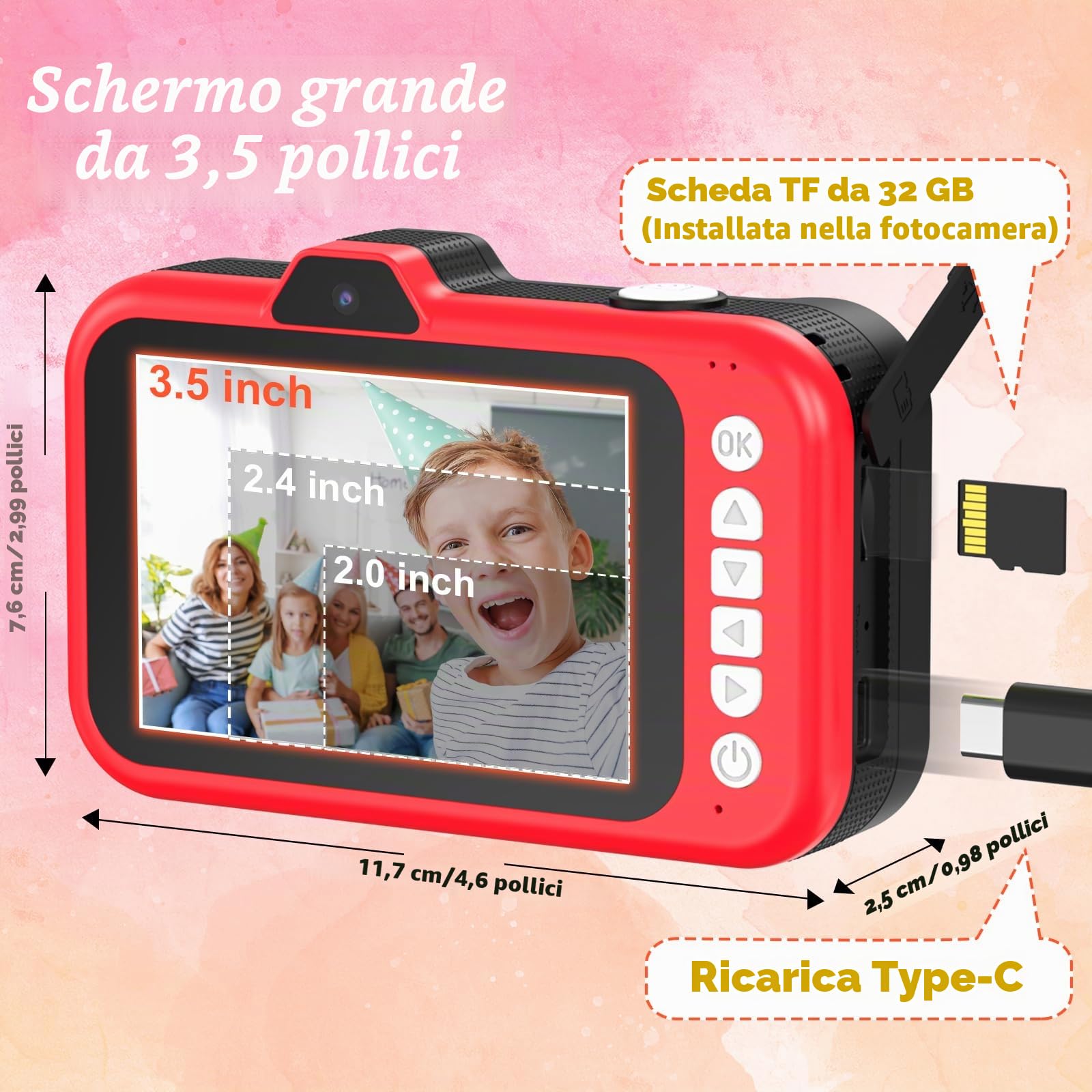 Macchina Fotografica Bambini, Ushining 3,5 Pollici Grande Schermo Fotocamera Digitale Bambini con 360° Obiettivo Zoom Rotante LED Flash 32GB TF Scheda, 1080P Videocamera, Regalo per 3-12 Anni