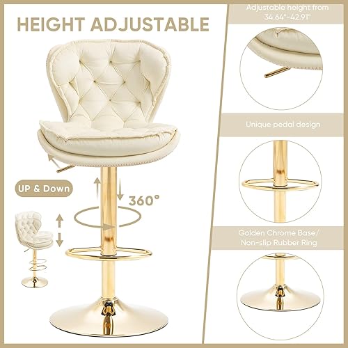 Miniatura 17 de SLEERWAY Juego de 2 taburetes de bar giratorios modernos, sillas de bar de terciopelo para mostrador de cocina, taburetes de bar dorados, taburetes