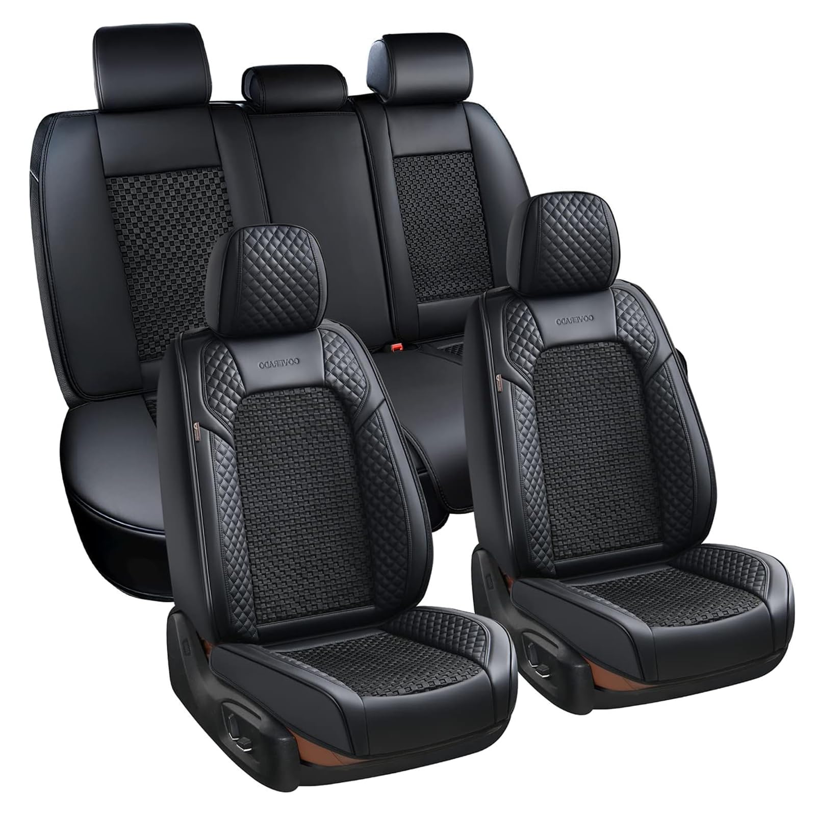 Coverado Seat Covers Full Set, 5 Seats Universal Seat Covers for Cars, Black Car Seat Covers Front Seats Back Seat Cover, Breathable Car Seat Cushion, Leather Seat Cover Seat Protector Fit Most Cars