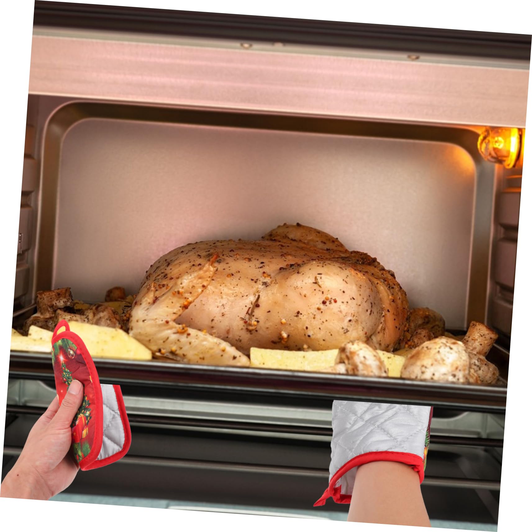 MAGICLULU 12 Stck Teiliges Set Rote Weihnachts Ofenhandschuhe und Tischsets Hitzebeständige Topfhandschuhe aus Dickem Wärmeisolierend und rutschfest zum Backen Grillen und Küchenschutz