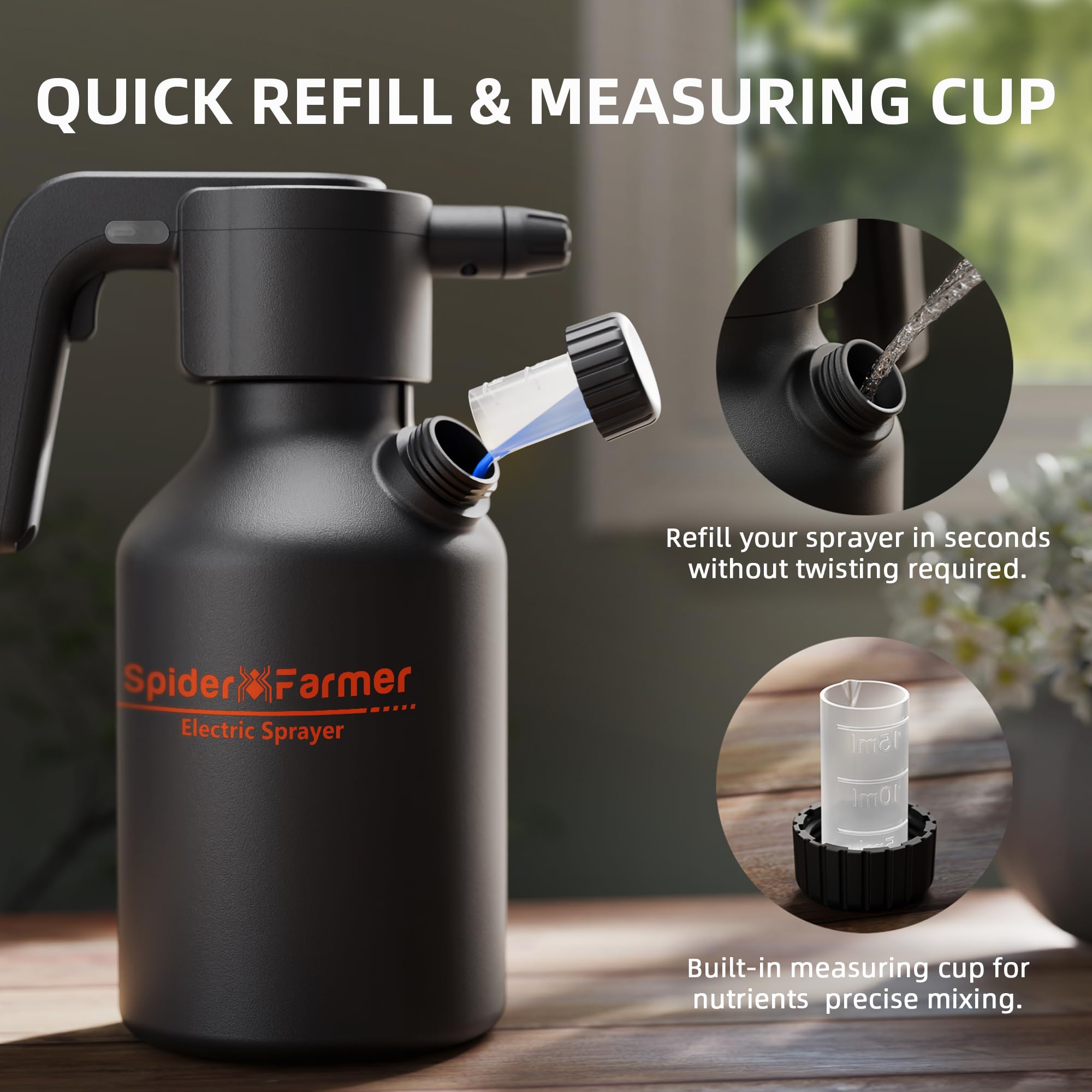 Spider Farmer Elektrische Gartenspritze 2L, Tragbarer Akku Drucksprüher mit Verstellbarer Düse & Messbecher, USB-C Wiederaufladbar für Innen- & Außenbereich, Gartenarbeit und Reinigung