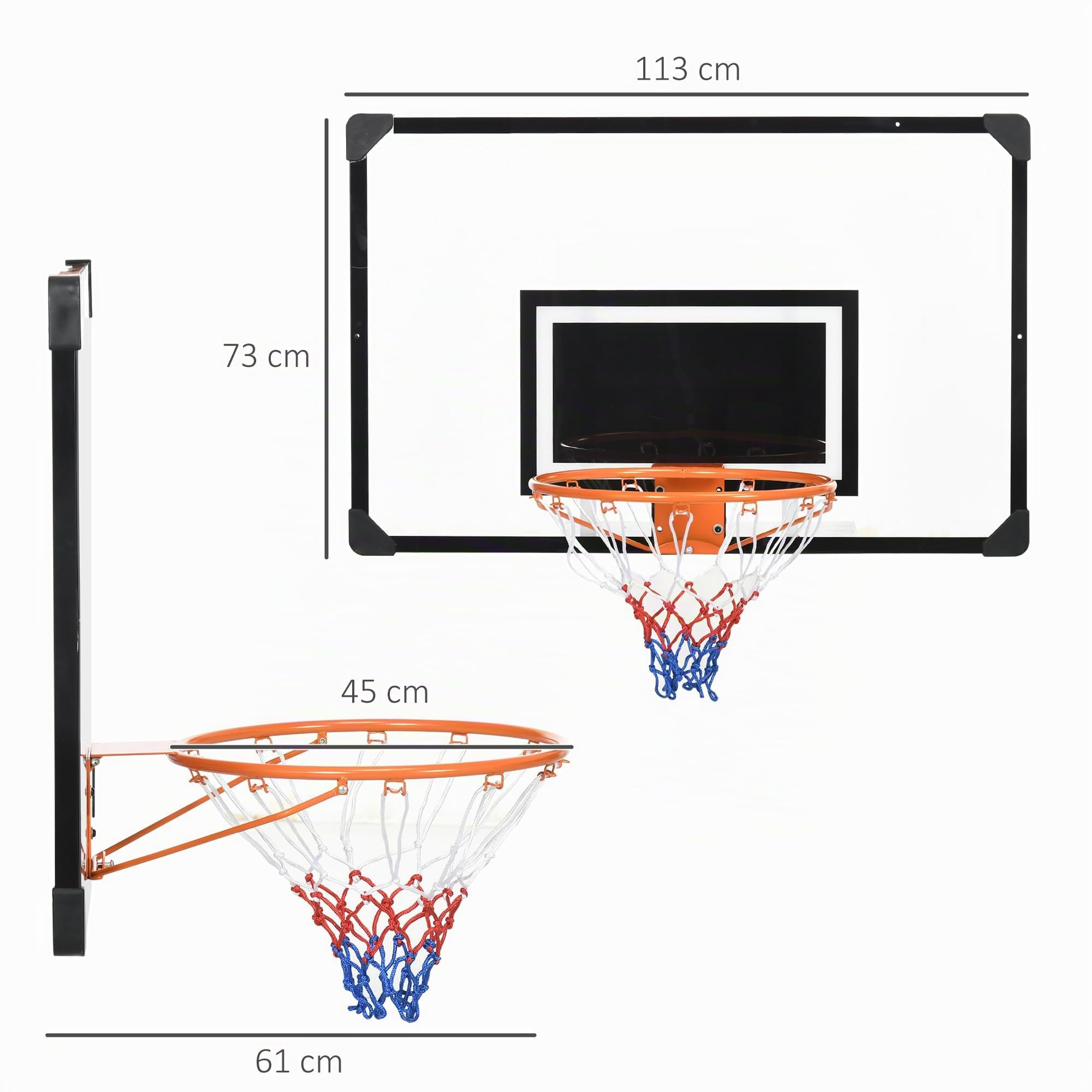 SPORTNOW Canestro da basket a muro, canestro da basket, con tabellone infrangibile, canestro in acciaio e rete antistrappo, vite di montaggio e chiave, per uso esterno, nero, trasparente, arancione