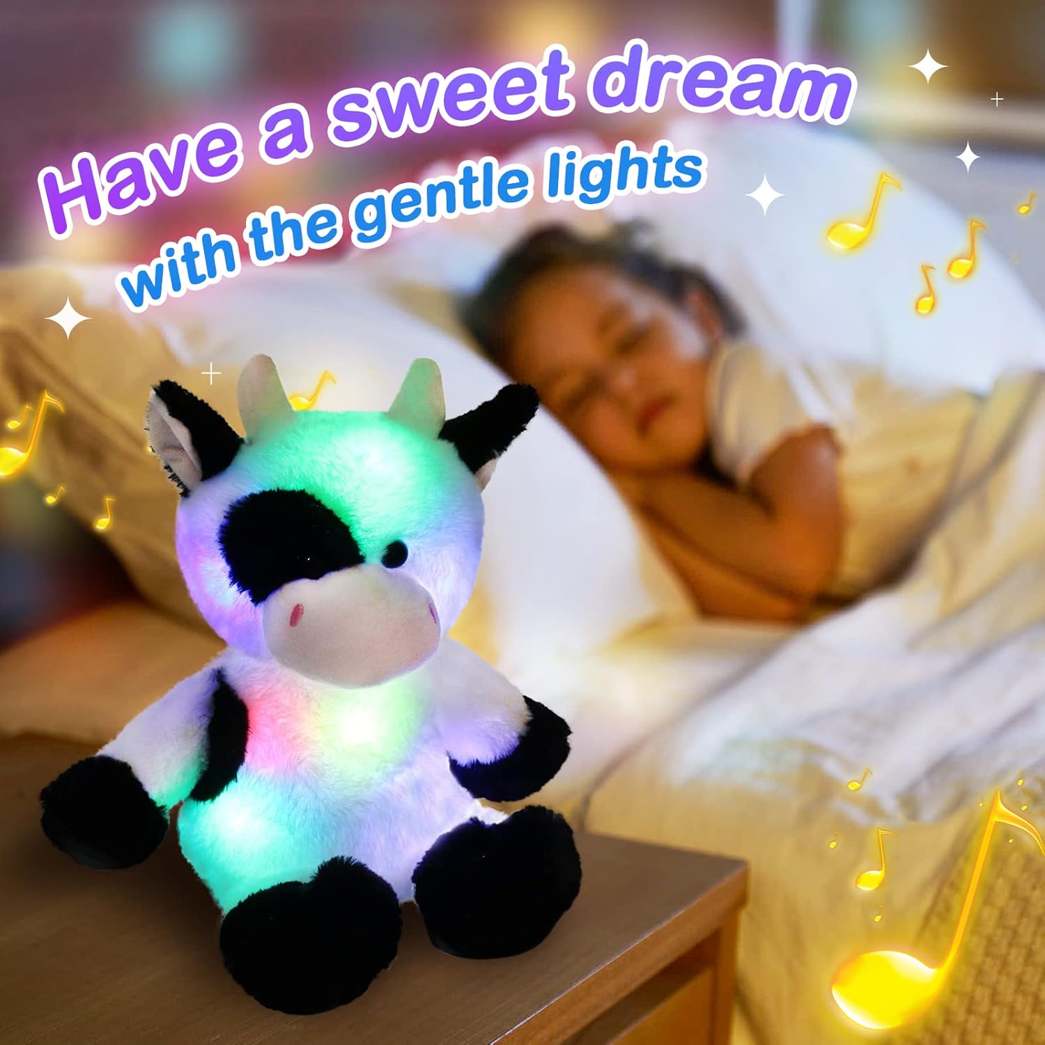 Glow Guards 15'' Light up Music Cow Stuffed Animals Glowing Singing Soft Plush Toy with Lullaby Songs LED Night Lights for Birthday Gifts Toddler Kids Nap Time Pal - Image 3