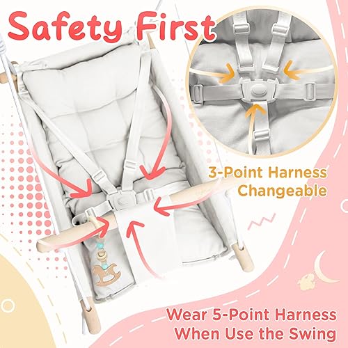 Miniatura 3 de Columpio para bebé en interiores y exteriores, hamaca de lona para bebé a niño pequeño con un asiento cómodo, juguete de madera de macarrón, arnés
