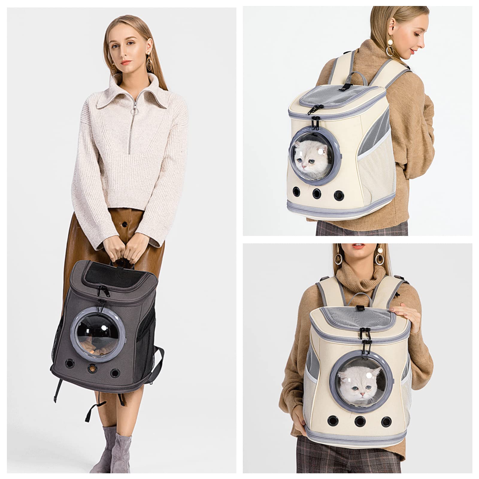 Galatée Mochila para Gatos, Mochila para Mascotas con Cápsula Espacial Ventilada, Mochila para Perros con Diseño Ventilado, Mochila Plegable Portátil para Mascotas(Caqui)