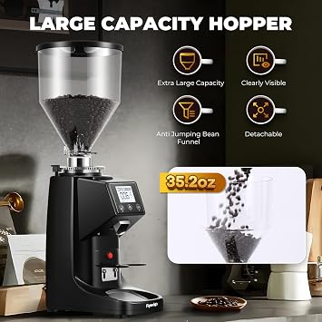 64mm Commercial Electric Coffee Grinder, SS Flat Burr Touchscreen, Black | 19 Adjustable Grind Settings, 35oz Large Removable Hopper, Precise Digital Dosing, For Home & Cafe, Low Noise, Easy Clean